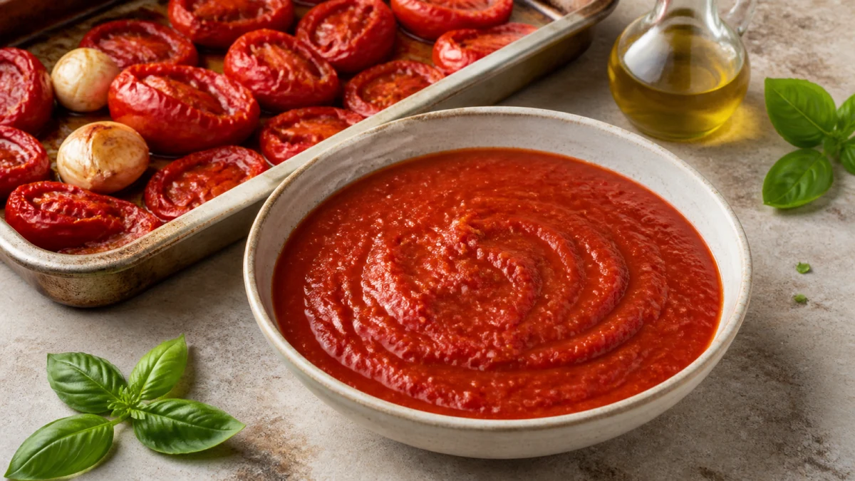 Skål med glatt rød tomatsaus, omgitt av ovnsbakte tomater, hvitløk og basilikum