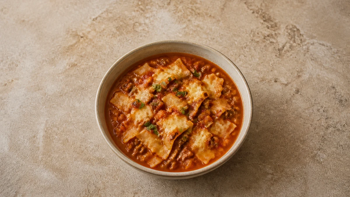 Lasagnesuppe med kjøttdeig, pastabiter og gyllen mascarpone- og parmesantopping