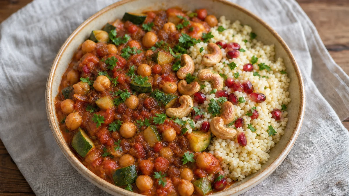 Kikertgryte med squash og tomat, servert med couscous, cashewnøtter, persille og granateplekjerner