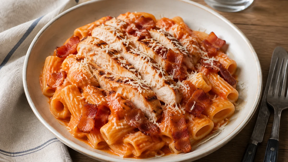 Rigatoni i kremet tomatsaus med grillet kylling, sprøstekt bacon og revet parmesan