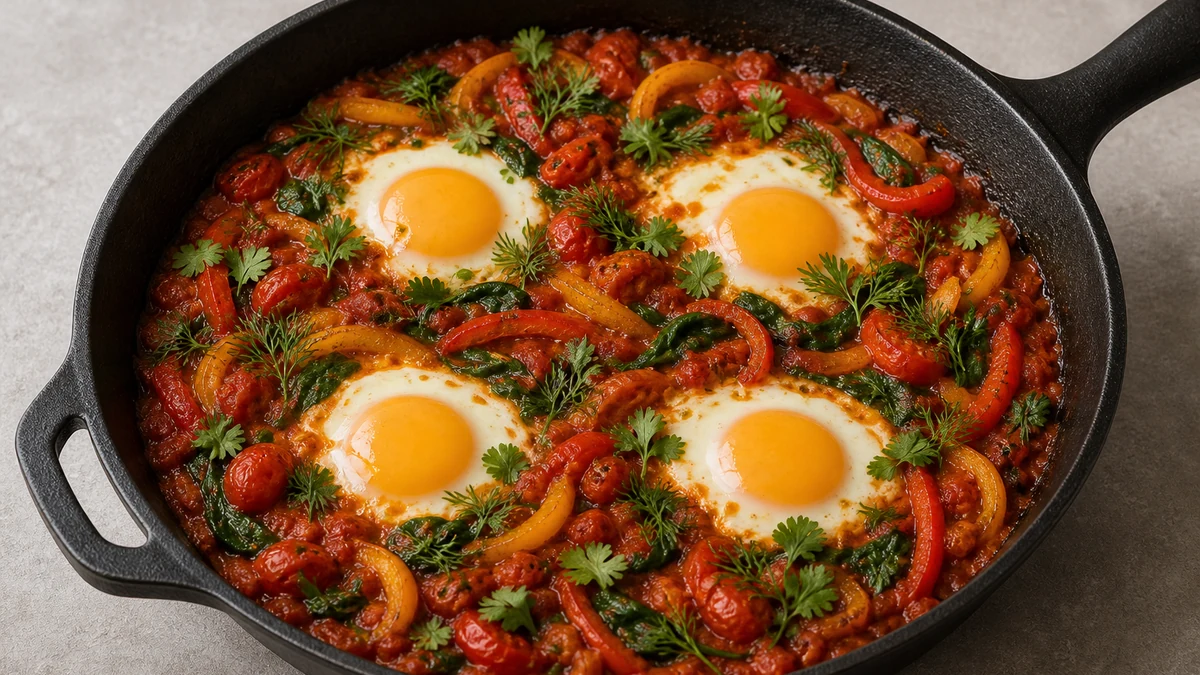 Shakshuka i mørk panne med egg, rød og gul paprika, spinat, koriander og dill