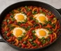Shakshuka i mørk panne med egg, rød og gul paprika, spinat, koriander og dill