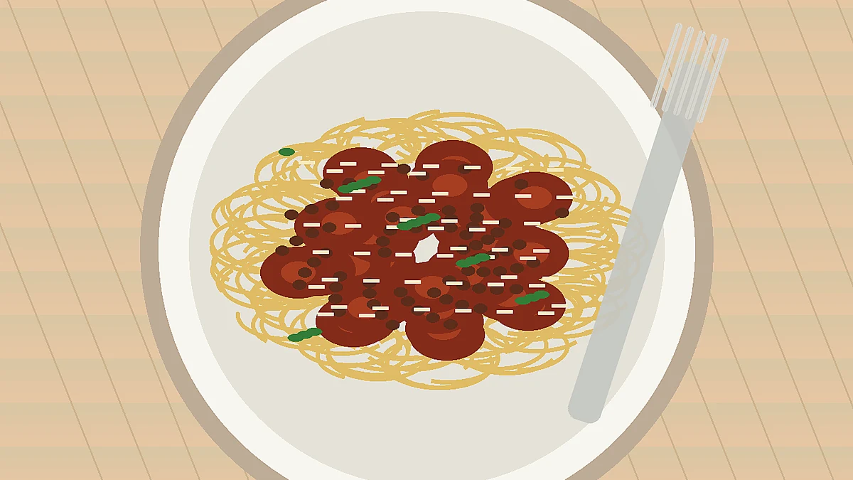 Spaghetti med bolognesesaus, parmesan og friske basilikumblader