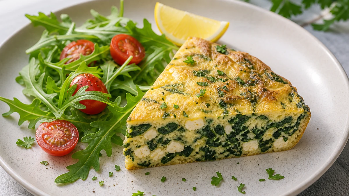 Spinat- og fetafrittata i stykker med ruccola, cherrytomater og kruspersille ved siden av