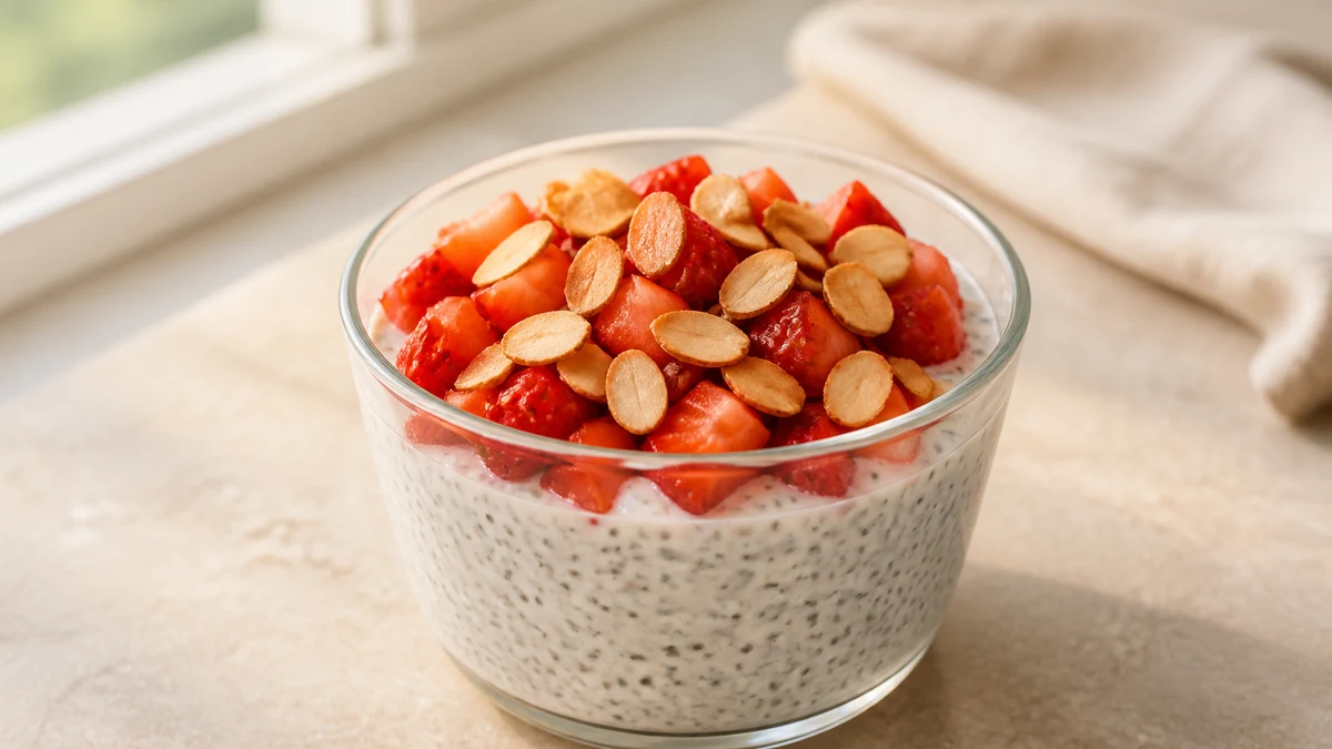 Chia- og yoghurtpudding i glass med hakkede jordbær og ristede mandelskiver