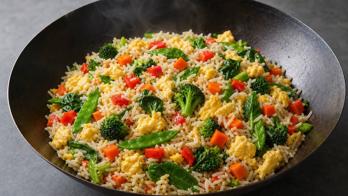 Mørk panne med stekt ris, eggebiter, spinat, brokkoli, rød paprika, gulrot og sukkererter